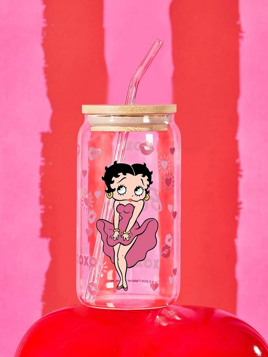 Betty Boop x SHEIN 復古卡通女孩印花玻璃杯附蓋與吸管，16.9oz/500ml 高硼矽玻璃梅森飲水杯，適用冰咖啡、果汁與冷飲 - 玫瑰紅 - 查看 1