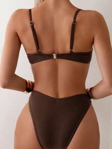 Swim Lushoire Summer Beach Non-Push Up Underwire Solid Color Two-Piece Bikini Set Bathing Suit - Coffee Brown - View 2
