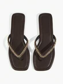 Grefit Sepatu Wanita Sandal Jepit Cokelat dengan Hiasan Paku Keling, Dihiasi dengan Dekorasi Piramida Emas Bergaya Retro, Cocok untuk Pakaian Jalanan dan Pantai Musim Semi dan Musim Panas - Coklat 3r - View 1
