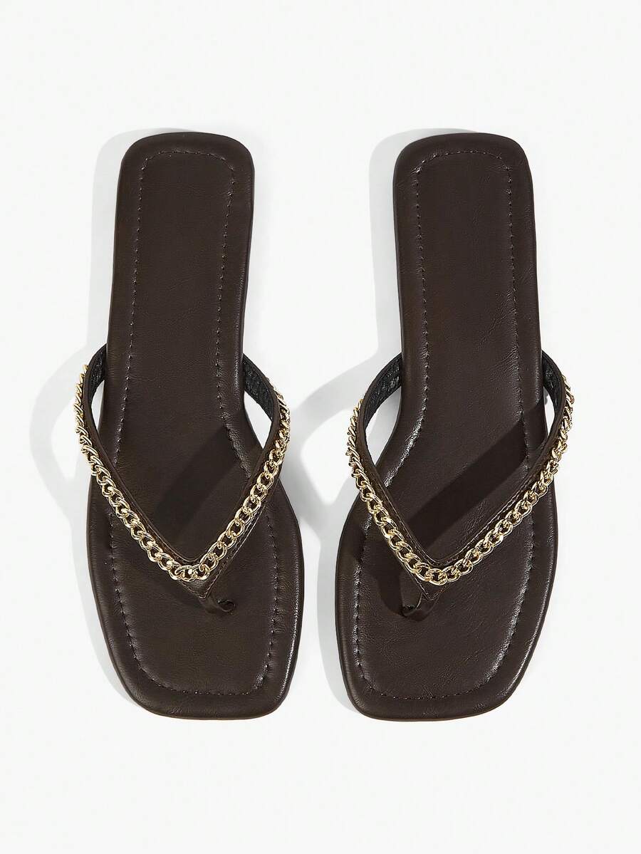 Grefit Sepatu Wanita Sandal Jepit Cokelat dengan Hiasan Paku Keling, Dihiasi dengan Dekorasi Piramida Emas Bergaya Retro, Cocok untuk Pakaian Jalanan dan Pantai Musim Semi dan Musim Panas - Coklat 3r - View 1