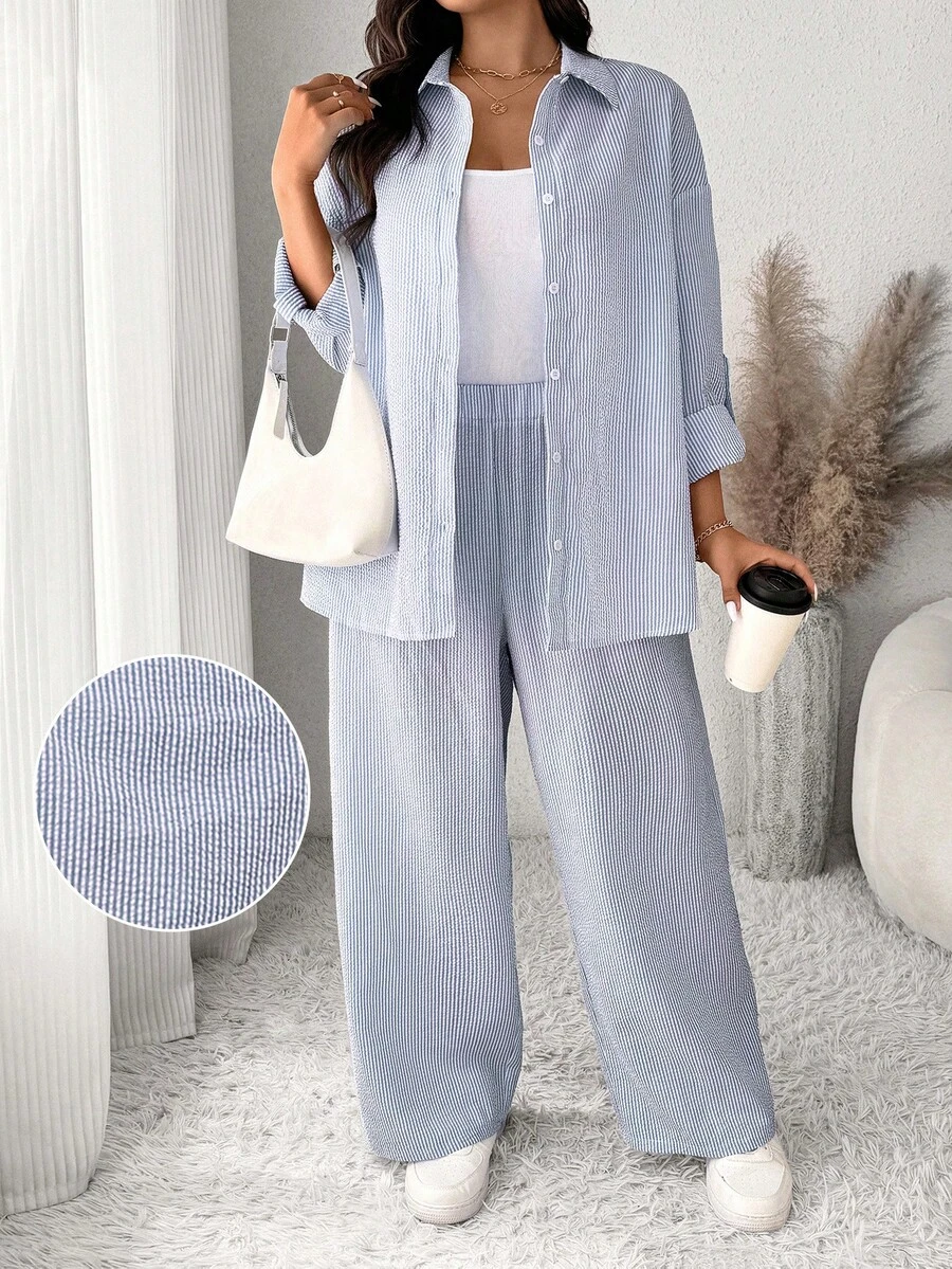 SHEIN Frenchy 大尺碼女款藍白條紋寬鬆休閒兩件套