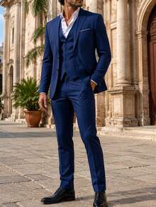 Men's Two-Piece Suit Plus Sizes One-Button, Pants Jacket And Belt Included In Plain Color, Ideal For Weddings Formal Events And Office. - Blue - View 4