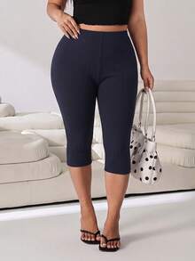 Solflare Plus Size Solid Color Fitted Casual Capris - Navy Blue - View 4