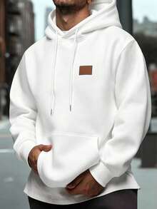 Manfinity Homme Men's Hoodie, Pure White Hooded Sweatshirt, With Pocket And Drawstring, Chest Patch Decoration Design, Simple Casual Versatile Basic Style, Spring Summer Autumn Popular Sweatshirt, Casual Comfortable Versatile, Suitable For Outings, Street Photography, Home, Travel, Vacation, Daily Wear - White - View 7