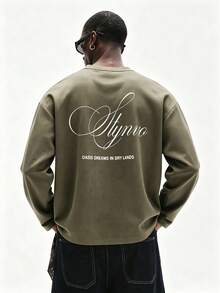 STYNVO 男士休閒字母印花T恤，秋季 - 軍綠色 - 查看 1
