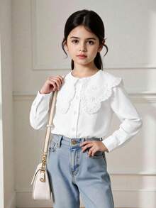 SHEIN 少女可愛溫柔刺繡鈕扣長袖襯衫 - 白色 - 查看 3