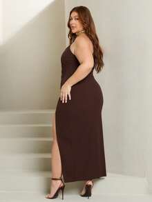 Lele Munniz Plus Size Women's Solid Color One Shoulder Sleeveless Side Slit Hem Fashion Dress Cocktail Brown Summer Sexy Elegant - Brown - View 2