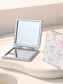 ROMWE Kawaii 1pc Pink Bow & Heart Pattern Square Makeup Mirror, Portable Handheld Mirror, Suitable For Girls (Pattern Position Random) - White - View 2
