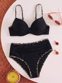 Breezaya Women's Solid Color Front Criss-Cross Design Underwire Swimwear, Summer Holiday Party Style Two Pieces Swimwear Set - Black - View 4