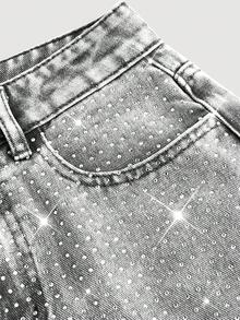 SHEIN MOD 女款時尚街頭風水鑽鈕扣口袋直筒牛仔褲 秋季 - 淺灰色 - 查看 4