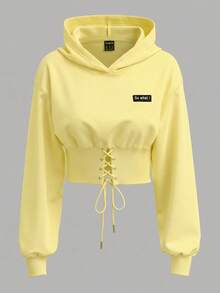 SHEIN EZwear 白色針織女款運動衫，秋冬長袖上衣，黃色女款運動衫 - 鵝黃色 - 查看 1