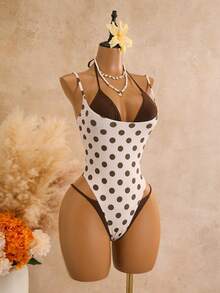 Swim SXY Women's Polka Dot 2 In 1 One-Piece Swimsuit, Suitable For Beach Vacation, Pool Party, Beach Party - Brown - View 2