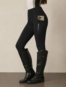 With My Calm With My Calm Women's Autumn/Winter Sports Equestrian Pants, Black Tight Regular Waist With Ear Loops, Side Pockets, Reflective Dots, Optimized Pattern, 9/10 Length, Suitable For Daily Casual, Running, Yoga, Gym, Tennis, Golf, Cycling, Horse Riding - Black - View 4