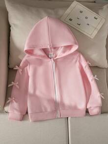 SHEIN 女童蝴蝶結裝飾拉鍊門襟連帽寬鬆休閒冬季衛衣 返校季 粉色 秋季 - 粉色 - 查看 4
