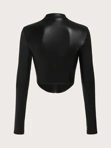 SHEIN ICON 女款秋冬 Y2K 拉鍊圓弧下擺 PU 皮革外套 - 黑色 - 查看 4