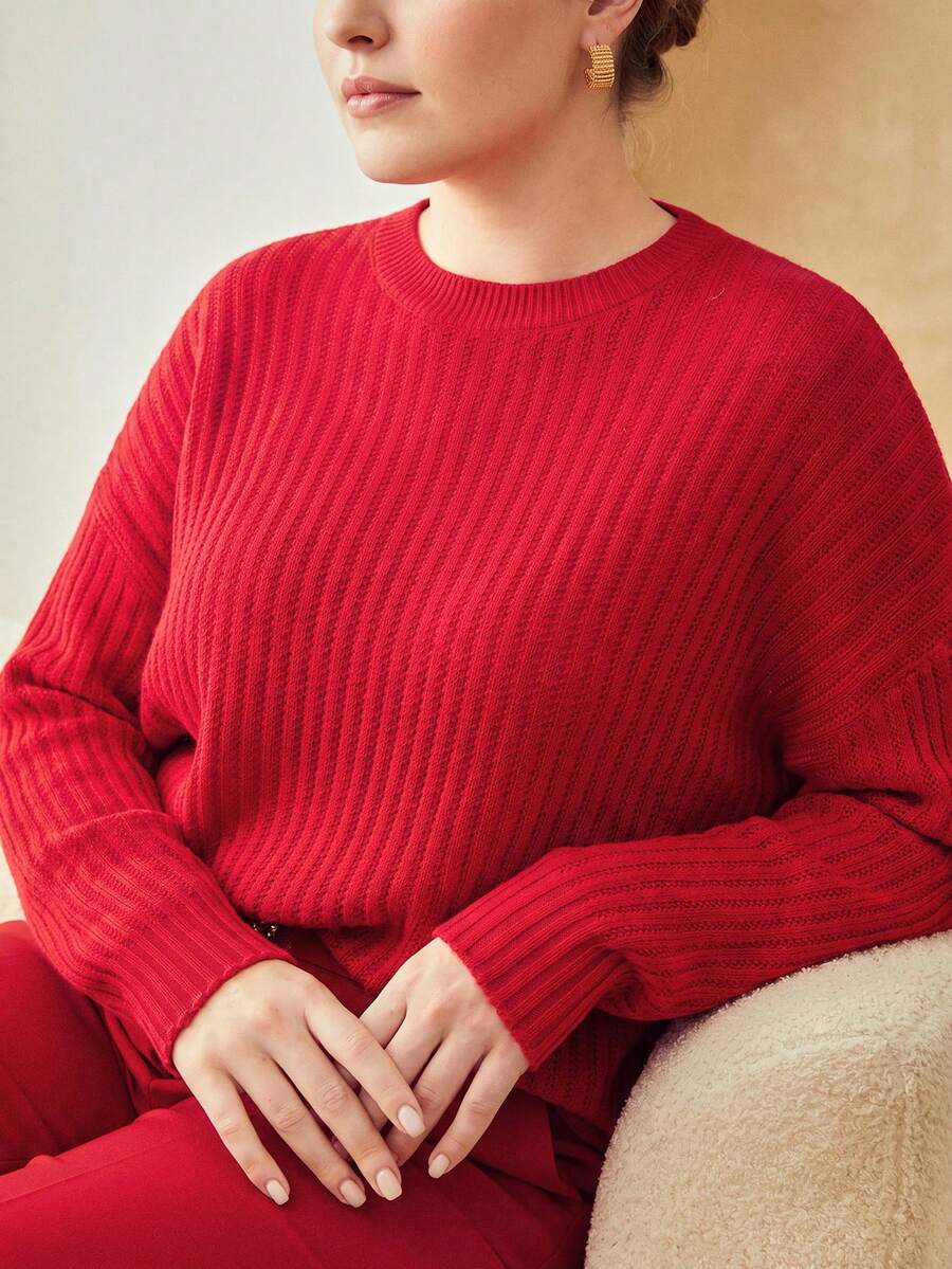 MOTF PREMIUM PLUS SIZE WOMEN 100% WOOL CLASSIC ELEGANT CREW NECK PULLOVER SWEATER - Red - View 2