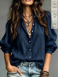 SHEIN Women's Solid Color Single-Breasted Casual Versatile Daily Wear Shirt - Navy Blue - View 3