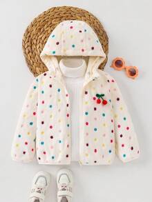 SHEIN Young Girl Knitted Faux Fur Cherry Patch Colorful Polka Dot Hooded Casual Jacket - Multicolor - View 1