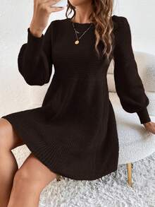 SHEIN Frenchy 女款純色圓領長袖休閒針織洋裝 - 咖啡棕 - 查看 3