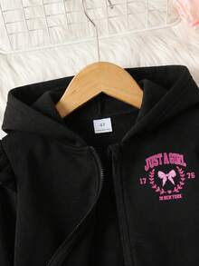SHEIN 女童秋冬 3D 愛心圖案荷葉邊拉鍊連帽外套，長袖法蘭絨材質，優雅可愛，高品質，百搭實用，適合外出、日常穿著、上學，適配白色襯衫，適合開學與校園穿搭 - 黑色 - 查看 4