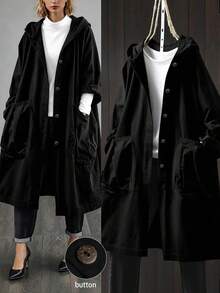 SHEIN LUNE Chaqueta larga con capucha y bolsillos grandes para tallas grandes - Negro - Ver 1