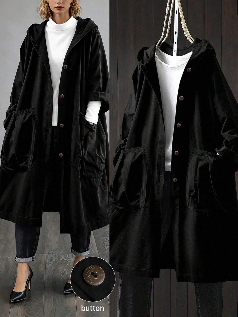 SHEIN LUNE Chaqueta larga con capucha y bolsillos grandes para tallas grandes - Negro - Ver 1