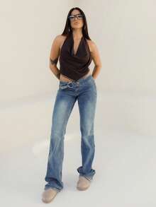 Maju Mazalli Celana Jeans Flare Washed Berpinggang Rendah yang Modis untuk Musim Gugur Kasual - Dark Wash - View 2