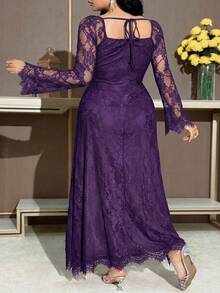 Feyla Plus Size Solid Color Square Neck Mesh Patchwork Elegant Long Sleeve Dress Fall - Purple - View 2