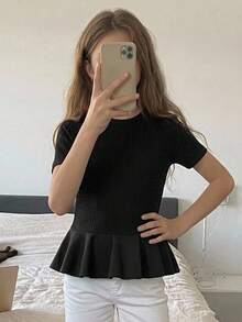 DAZY Tween Girl Summer Casual Versatile Solid Color Short Sleeve T-Shirt - Black - View 2