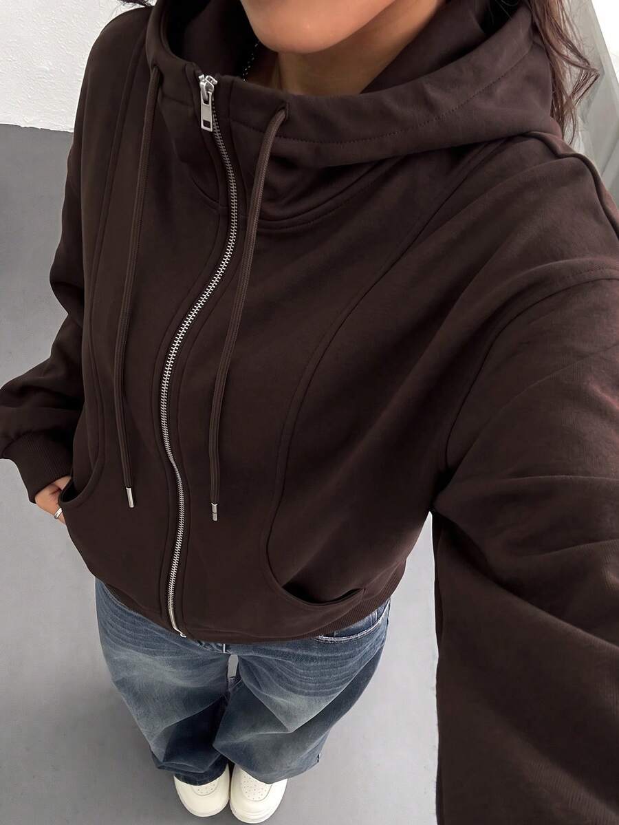 SHEIN EZwear 女款純色抽繩連帽休閒百搭日常穿著運動衫 - 咖啡棕 - 查看 1