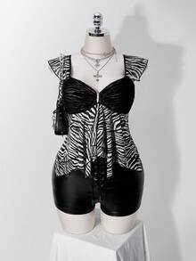SHEIN ICON 女款大尺碼斑馬紋不對稱下擺荷葉袖上衣 - 彩色 - 查看 4