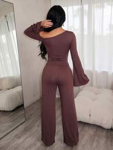 Vavine Women's Elegant Casual Brown & Gold Buckle 2 Pieces Set - Coffee Brown - View 2