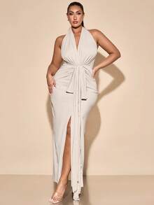 SHEIN BAE Plus Size Women Elegant Long V-Neck Halter Backless Dress, Suitable For Daily Wear, Outing, Dates, Afternoon Tea, Vacation, Spring/Summer - Apricot - View 1