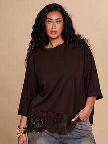 SHEIN BAE CURVE Plus Size Lace Patchwork Casual Loose T-Shirt - Brown - View 1