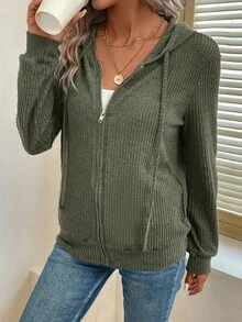 Easowa Sport Game Day Tracksuit Women Athleisure Hooded Zipper Front Sweatshirt, Olive Green Striped Comfortable Casual Long Sleeve Tops Travel Autumn - Green - View 3