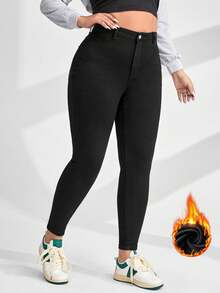 SHEIN ICON 大尺碼女款高腰口袋保暖內裡緊身休閒百搭牛仔褲 - 黑色 - 查看 4