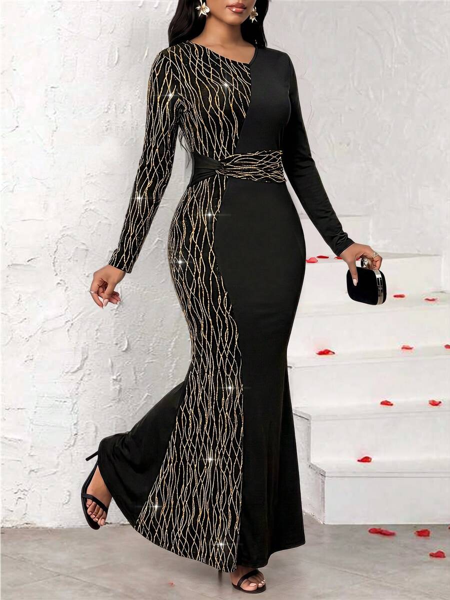 SHEIN Lady Women's Gold & Silver Metallic Spliced Long Sleeve Colorblock Dress - Black - View 1