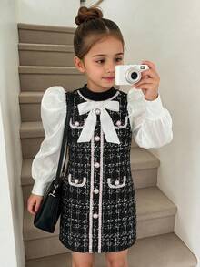 SHEIN Gaun Anak Perempuan Muda Motif Kotak-kotak Lengan Panjang Mengembang Kancing Tunggal - Hitam dan Putih - View 2