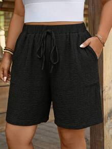 Comfylo Plus Size Textured Solid Color Drawstring Waist Pocket Shorts For Vacation Bussines Vacation Carribean Black Summer Casual - Black - View 5