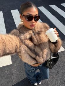 Muchica Women's New Winter Brown Faux Fur Short Jacket With Turn-Down Collar For Going Out, Streetwear, Y2K - Khaki - View 4