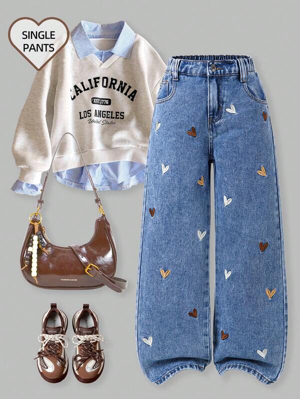 SHEIN Jeans de pierna ancha con bordado de corazón, estilo casual y holgado, estética Y2K para niñas preadolescentes, adecuado para salidas diarias, escuela, transporte, temporada de regreso a clases
