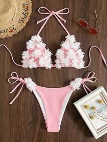 Swim Mod Vacation Beach 3D Floral Decor Two-Piece Swimsuit Set - Pink - View 1