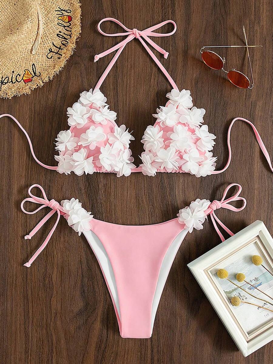 Swim Mod Vacation Beach 3D Floral Decor Two-Piece Swimsuit Set - Pink - View 1