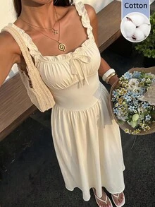 SHEIN EZwear Summer Home Workout Casual Frill Trim Front Tie Sleeveless Dress - Apricot - View 10