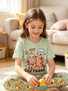 SHEIN Tween Girl Cartoon Print Short Sleeve Top & Long Pants Pajama Set - Green - View 8