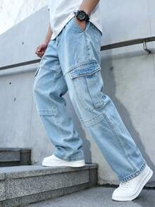 Manfinity EMRG Men's Streetwear Multi-Pocket Design Washed Denim Cargo Pants - Light Wash - View 3