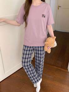 DAZY 女款字母印花短袖上衣與格紋長褲休閒日常居家服套裝 - 紫色 - 查看 6