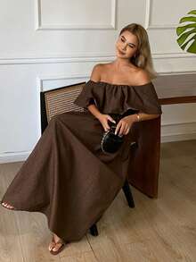 Livesso Women's Vintage Brown Solid Color Ruffle Ruffle Waist-Cinched Full Skirt Denim Dress - Brown - View 6