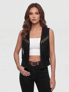 Yalmera Women's Suede Fringe Rivet Decor Boho Casual Jacket, Versatile For Daily, Vacation, Business, Beige, Sleeveless, Early Spring/Spring & Summer - Black - View 7