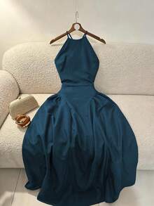 Selianne Damen-Kleid in Kaffeebraun, einfarbig, mit Neckholder, Cut-out-Schultern, geraffter Taille, Seitennähten, rückenfrei und Bindeband, mittellang, elegant, französischer Vintage-Stil, formell, für Büro, Pendeln, Business Casual, Strand, Urlaub, Nachmittagstee - Taubenblau - Übersicht 5